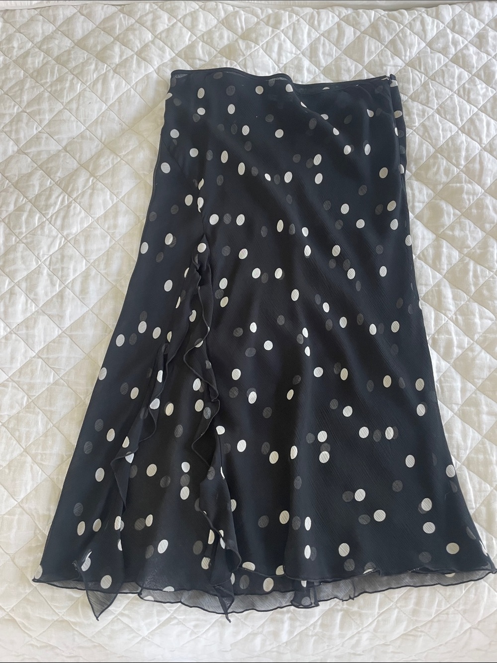 PRISCAVERA Ruffled High Slit Skirt in Black and White Polka Dot - Picture 6 of 9